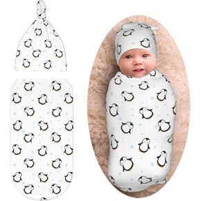 Penguin Cartoon Newborn Swaddle Blanket for Baby,Unisex Baby Stuff,Soft Sleep Sack for Boys Girls, with Beanie hat Set, Baby Swaddle Wrap for Baby Shower Infant