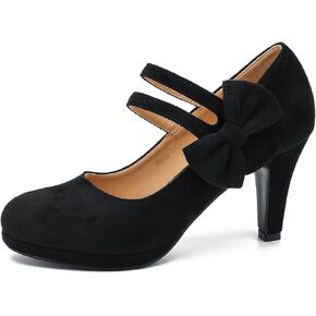 Women's Mary Jane Bow Heels Pumps Round Closed Toe Kitten Heel Double Ankle Strap Wedding Office Work Dress Shoes