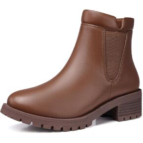 TEMOFON Women's Ankle Boots Chelsea: Fall Round Toe Booties - Chunky Platform Leather Boots with Zipper