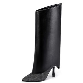 IDIFU IN4 أضعاف فوق الأحذية للنساء الركبة عالية بريق وأشار اصبع القدم أحذية القرش سستة مغطاة خنجر عالية الكعب اللباس طويل القامة مريحة لطيف الأزياء العصرية أنيق مثير سباركلي سحب على الأحذية in Kuwait