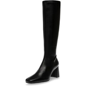 DOEYG Black Leather Knee High Boots for Women Chunky Heeled Tall Boots Square Toe Block Heels Long Boots with Side Zipper