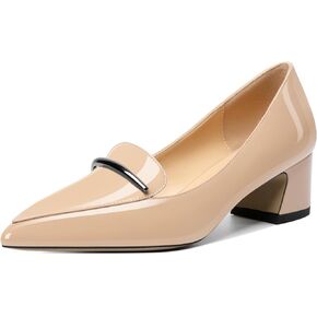 Soireelady Womens Block Heel Low Chunky Heels, Pointed Toe Loafer Heels Slip On Dress Shoes 2 Inches