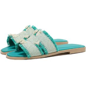 Women's Flat Slide Sandals Square Open Toe Flat Sandals Summer Flats Casual Slip on Fringe Trim