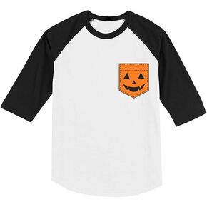 Pumpkin Face Pocket Shirt Jack O Lantern Halloween Raglan Shirts for Toddler Kids Boys and Girls