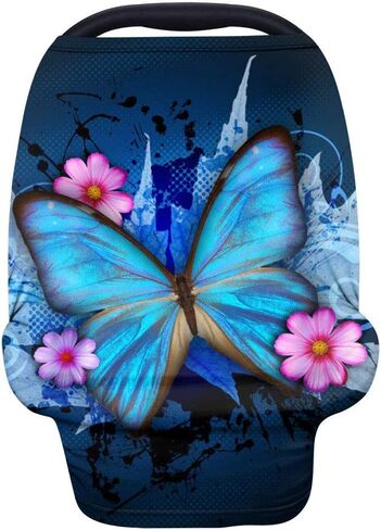 PZZ BEACH Soft & Stretchy Baby Car Seat Covers Multi-Use Nursing Breastfeeding Covers, Shopping Cart/High Chair/Stroller Canopy, Blue Butterflies Infant Car Seat Canopies in Saudi Arabia