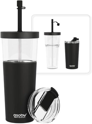 كوب asobu Sippy مزدوج الجدار من الفولاذ المقاوم للصدأ مع ماصة سيليكون مرنة، 20 أونصة (أزرق فاتح) in Kuwait