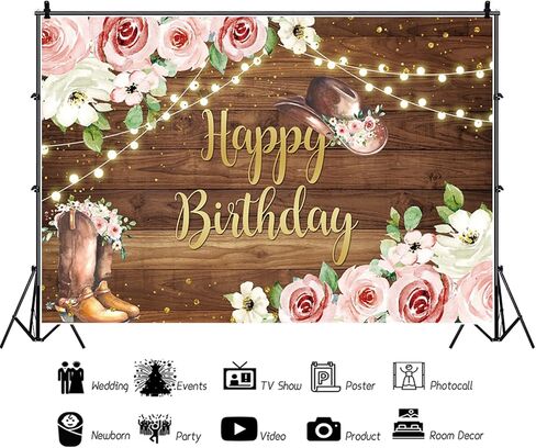 5x3ft Western Happy Birthday Backdrop Pink Flowers Rustic Country Wooden Wall Cowgirl Photography Background Girls Birthday Party Decorations Banner Photo Studio Props in Saudi Arabia