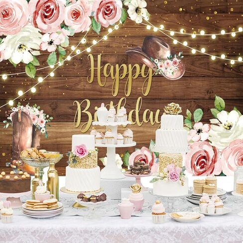 5x3ft Western Happy Birthday Backdrop Pink Flowers Rustic Country Wooden Wall Cowgirl Photography Background Girls Birthday Party Decorations Banner Photo Studio Props in Saudi Arabia