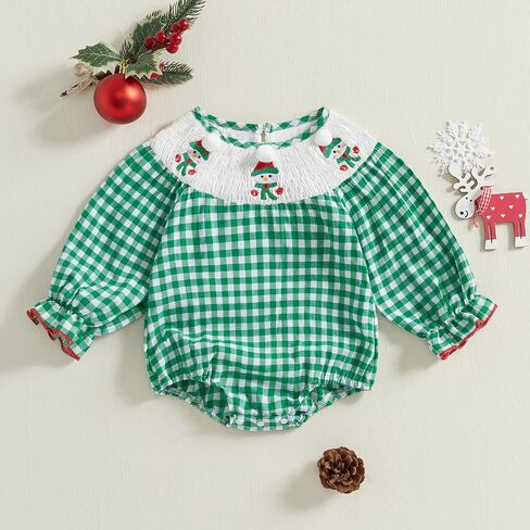 YINGISFITM Newborn Infant Baby Girl Christmas Outfit Santa Long Sleeve Plaid Bubble Romper First 1st Christmas Girl Clothes in Kuwait