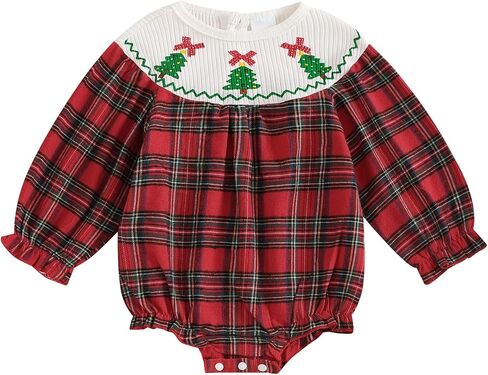 YINGISFITM Newborn Infant Baby Girl Christmas Outfit Santa Long Sleeve Plaid Bubble Romper First 1st Christmas Girl Clothes in Kuwait