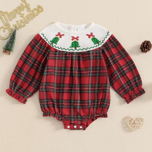 YINGISFITM Newborn Infant Baby Girl Christmas Outfit Santa Long Sleeve Plaid Bubble Romper First 1st Christmas Girl Clothes in Kuwait