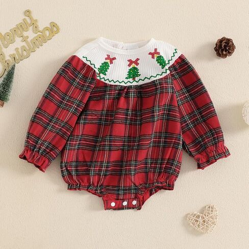 YINGISFITM Newborn Infant Baby Girl Christmas Outfit Santa Long Sleeve Plaid Bubble Romper First 1st Christmas Girl Clothes in Kuwait