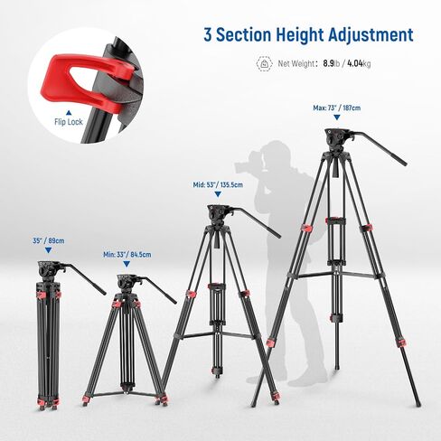 NEEWER 78" Carbon Fiber Video Tripod with Fluid Head, One Step Release Lock Tripod with 6 Level Dynamic Counterbalance, 4 Level Pan/Tilt Damping, Mid Spreader, Dual Mode QR Plate, Max Load 18lb, LL55 in Saudi Arabia