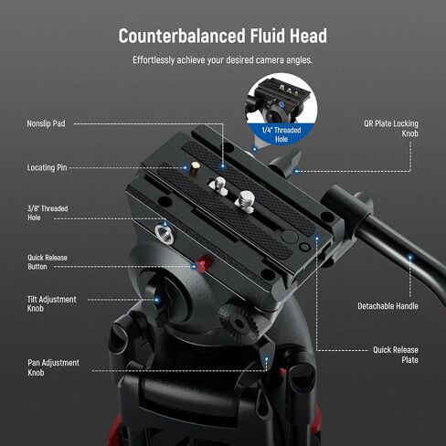 NEEWER 78" Carbon Fiber Video Tripod with Fluid Head, One Step Release Lock Tripod with 6 Level Dynamic Counterbalance, 4 Level Pan/Tilt Damping, Mid Spreader, Dual Mode QR Plate, Max Load 18lb, LL55 in Saudi Arabia
