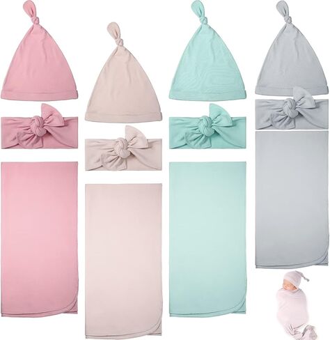 4 مجموعات من قماط حديثي الولادة وعصابة رأس مجموعة قماط قطنية مجموعة لف تلقي بطانيات قماط قابلة للتمدد قماط ومجموعة فيونكة لحديثي الولادة وقبعة وقماط لحديثي الولادة (أخضر فاتح، رمادي، وردي، كاكي فاتح) in Kuwait