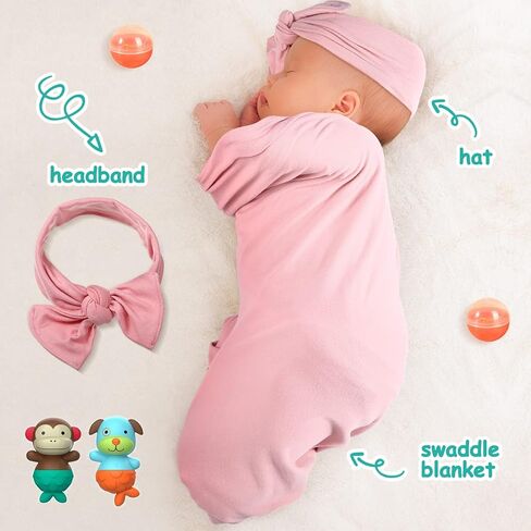 4 مجموعات من قماط حديثي الولادة وعصابة رأس مجموعة قماط قطنية مجموعة لف تلقي بطانيات قماط قابلة للتمدد قماط ومجموعة فيونكة لحديثي الولادة وقبعة وقماط لحديثي الولادة (أخضر فاتح، رمادي، وردي، كاكي فاتح) in Kuwait