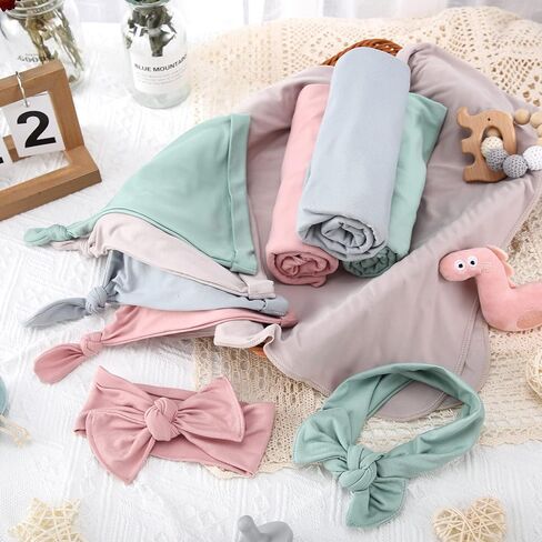 4 مجموعات من قماط حديثي الولادة وعصابة رأس مجموعة قماط قطنية مجموعة لف تلقي بطانيات قماط قابلة للتمدد قماط ومجموعة فيونكة لحديثي الولادة وقبعة وقماط لحديثي الولادة (أخضر فاتح، رمادي، وردي، كاكي فاتح) in Kuwait