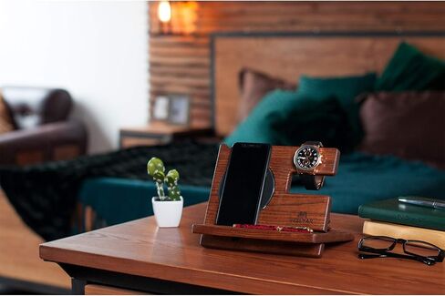 TESLYAR Gifts for Men Wood Phone Docking Station Gifts for him Stand Organizer Men Husband Wireless Charging Pad Slim Birthday Nightstand Purse Tablet Compatible with All Qi Devices in Kuwait