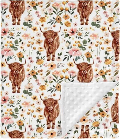 HawSkgFub Highland Cow Pink Floral Mink Baby Blankets with Dotted Backing Girls Shower Gift, Western Cowgirl Flower Double Layer Nursery Swaddle, Soft Newborn Infant Toddler Bed Crib Bedding 30 x 40 in Saudi Arabia
