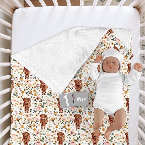 HawSkgFub Highland Cow Pink Floral Mink Baby Blankets with Dotted Backing Girls Shower Gift, Western Cowgirl Flower Double Layer Nursery Swaddle, Soft Newborn Infant Toddler Bed Crib Bedding 30 x 40 in Saudi Arabia