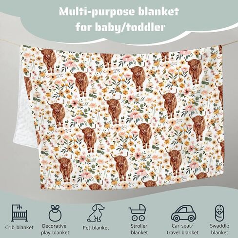 HawSkgFub Highland Cow Pink Floral Mink Baby Blankets with Dotted Backing Girls Shower Gift, Western Cowgirl Flower Double Layer Nursery Swaddle, Soft Newborn Infant Toddler Bed Crib Bedding 30 x 40 in Saudi Arabia