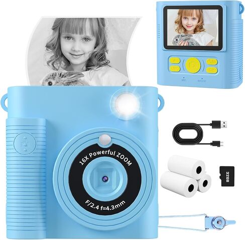 كاميرا للأطفال، كاميرا طباعة فورية للأطفال 1080 بكسل HD كاميرا رقمية وكاميرات فيديو للأطفال الصغار مع بطاقة SD 32 جيجا، هدايا عيد الميلاد لعيد الميلاد لـ 3 4 5 6 7 8 9 10 11 عامًا من الفتيات والأولاد in Kuwait