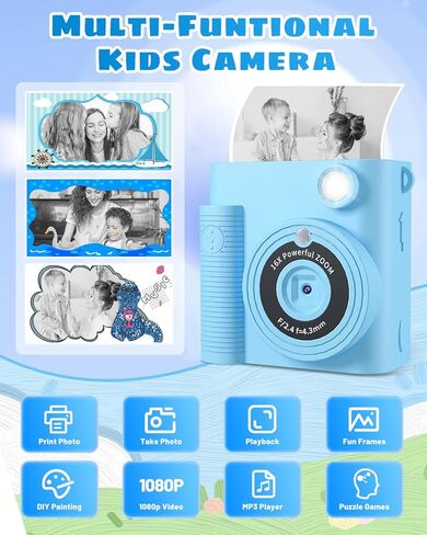 كاميرا للأطفال، كاميرا طباعة فورية للأطفال 1080 بكسل HD كاميرا رقمية وكاميرات فيديو للأطفال الصغار مع بطاقة SD 32 جيجا، هدايا عيد الميلاد لعيد الميلاد لـ 3 4 5 6 7 8 9 10 11 عامًا من الفتيات والأولاد in Kuwait
