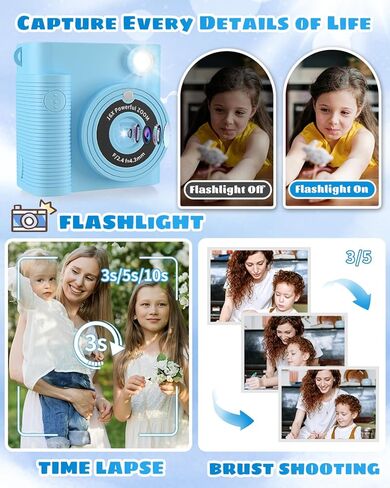 كاميرا للأطفال، كاميرا طباعة فورية للأطفال 1080 بكسل HD كاميرا رقمية وكاميرات فيديو للأطفال الصغار مع بطاقة SD 32 جيجا، هدايا عيد الميلاد لعيد الميلاد لـ 3 4 5 6 7 8 9 10 11 عامًا من الفتيات والأولاد in Kuwait