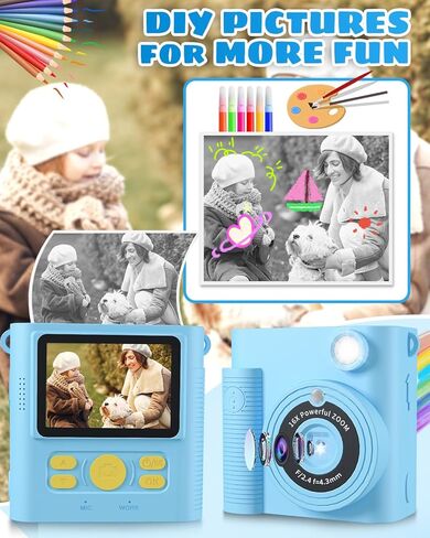 كاميرا للأطفال، كاميرا طباعة فورية للأطفال 1080 بكسل HD كاميرا رقمية وكاميرات فيديو للأطفال الصغار مع بطاقة SD 32 جيجا، هدايا عيد الميلاد لعيد الميلاد لـ 3 4 5 6 7 8 9 10 11 عامًا من الفتيات والأولاد in Kuwait