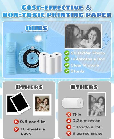 كاميرا للأطفال، كاميرا طباعة فورية للأطفال 1080 بكسل HD كاميرا رقمية وكاميرات فيديو للأطفال الصغار مع بطاقة SD 32 جيجا، هدايا عيد الميلاد لعيد الميلاد لـ 3 4 5 6 7 8 9 10 11 عامًا من الفتيات والأولاد in Kuwait