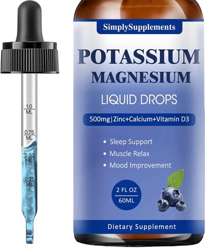 Potassium Magnesium Supplement - Potassium 99mg & 500mg Magnesium Glycinate Complex Liquid Drops with Calcium, Zinc, Vitamin B6, D3 - Energy & Bone & Muscle Support - 2 Fl oz in Saudi Arabia