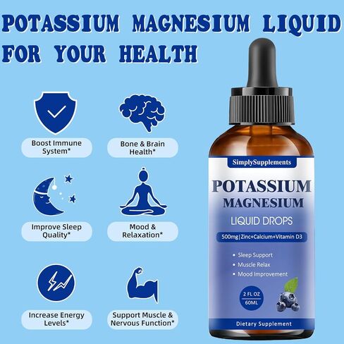 Potassium Magnesium Supplement - Potassium 99mg & 500mg Magnesium Glycinate Complex Liquid Drops with Calcium, Zinc, Vitamin B6, D3 - Energy & Bone & Muscle Support - 2 Fl oz in Saudi Arabia