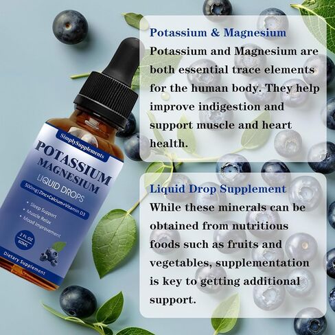Potassium Magnesium Supplement - Potassium 99mg & 500mg Magnesium Glycinate Complex Liquid Drops with Calcium, Zinc, Vitamin B6, D3 - Energy & Bone & Muscle Support - 2 Fl oz in Saudi Arabia