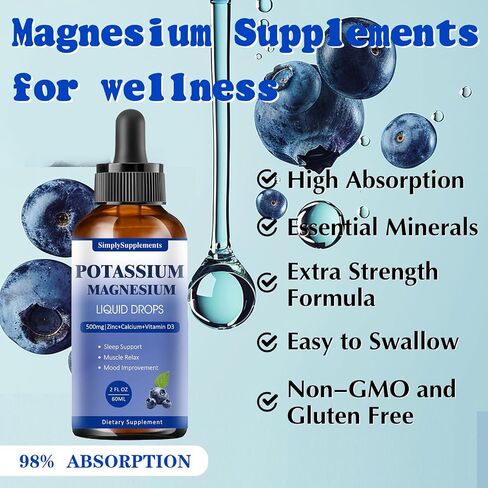 Potassium Magnesium Supplement - Potassium 99mg & 500mg Magnesium Glycinate Complex Liquid Drops with Calcium, Zinc, Vitamin B6, D3 - Energy & Bone & Muscle Support - 2 Fl oz in Saudi Arabia