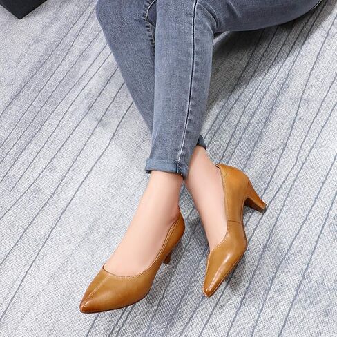 Mona flying Women's Leather Pump Med Heel Pointed Toe Office Dress Shoes for Ladies in Kuwait
