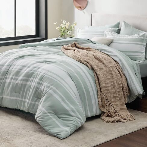 Bedsure Bed in a Bag Full Size 7 Pieces, Sage Green White Striped Bedding Comforter Sets All Season Bed Set, 2 Pillow Shams, Flat Sheet, Fitted Sheet and 2 Pillowcases in Saudi Arabia