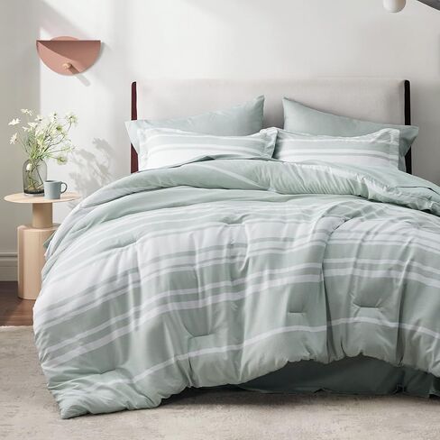 Bedsure Bed in a Bag Full Size 7 Pieces, Sage Green White Striped Bedding Comforter Sets All Season Bed Set, 2 Pillow Shams, Flat Sheet, Fitted Sheet and 2 Pillowcases in Saudi Arabia
