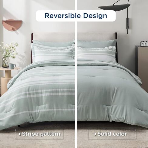 Bedsure Bed in a Bag Full Size 7 Pieces, Sage Green White Striped Bedding Comforter Sets All Season Bed Set, 2 Pillow Shams, Flat Sheet, Fitted Sheet and 2 Pillowcases in Saudi Arabia