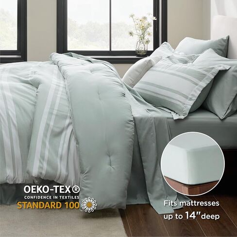 Bedsure Bed in a Bag Full Size 7 Pieces, Sage Green White Striped Bedding Comforter Sets All Season Bed Set, 2 Pillow Shams, Flat Sheet, Fitted Sheet and 2 Pillowcases in Saudi Arabia