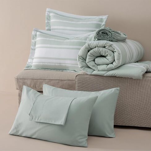 Bedsure Bed in a Bag Full Size 7 Pieces, Sage Green White Striped Bedding Comforter Sets All Season Bed Set, 2 Pillow Shams, Flat Sheet, Fitted Sheet and 2 Pillowcases in Saudi Arabia