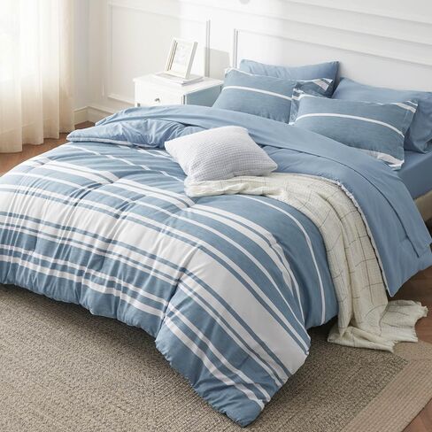Bedsure Bed in a Bag Full Size 7 Pieces, Sage Green White Striped Bedding Comforter Sets All Season Bed Set, 2 Pillow Shams, Flat Sheet, Fitted Sheet and 2 Pillowcases in Saudi Arabia