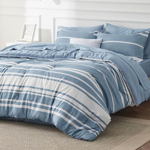 Bedsure Bed in a Bag Full Size 7 Pieces, Sage Green White Striped Bedding Comforter Sets All Season Bed Set, 2 Pillow Shams, Flat Sheet, Fitted Sheet and 2 Pillowcases in Saudi Arabia