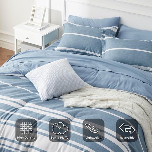 Bedsure Bed in a Bag Full Size 7 Pieces, Sage Green White Striped Bedding Comforter Sets All Season Bed Set, 2 Pillow Shams, Flat Sheet, Fitted Sheet and 2 Pillowcases in Saudi Arabia