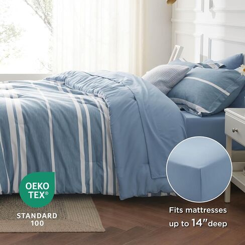 Bedsure Bed in a Bag Full Size 7 Pieces, Sage Green White Striped Bedding Comforter Sets All Season Bed Set, 2 Pillow Shams, Flat Sheet, Fitted Sheet and 2 Pillowcases in Saudi Arabia