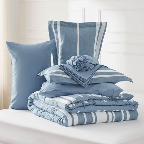 Bedsure Bed in a Bag Full Size 7 Pieces, Sage Green White Striped Bedding Comforter Sets All Season Bed Set, 2 Pillow Shams, Flat Sheet, Fitted Sheet and 2 Pillowcases in Saudi Arabia