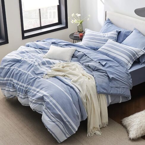 Bedsure Bed in a Bag Full Size 7 Pieces, Sage Green White Striped Bedding Comforter Sets All Season Bed Set, 2 Pillow Shams, Flat Sheet, Fitted Sheet and 2 Pillowcases in Saudi Arabia