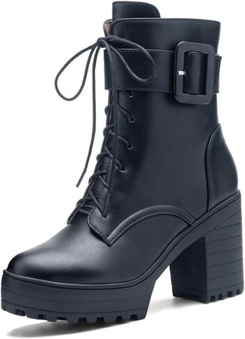 FOREADA Goth Platform Heel Combat Boots Women Pearl Lace Victorian Booties | Features edgy gothic punk rave emo rock grunge cosplay styling designed with thick heel, buckle, pearls ,lace up and zipper in Saudi Arabia