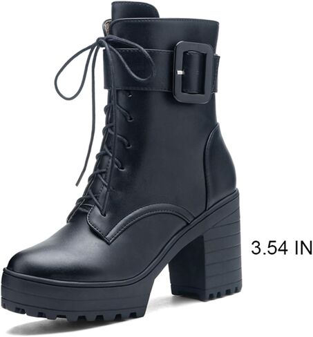 FOREADA Goth Platform Heel Combat Boots Women Pearl Lace Victorian Booties | Features edgy gothic punk rave emo rock grunge cosplay styling designed with thick heel, buckle, pearls ,lace up and zipper in Saudi Arabia