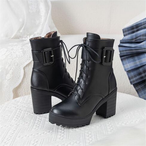 FOREADA Goth Platform Heel Combat Boots Women Pearl Lace Victorian Booties | Features edgy gothic punk rave emo rock grunge cosplay styling designed with thick heel, buckle, pearls ,lace up and zipper in Saudi Arabia