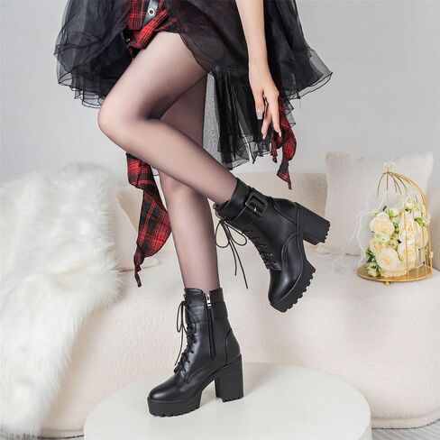 FOREADA Goth Platform Heel Combat Boots Women Pearl Lace Victorian Booties | Features edgy gothic punk rave emo rock grunge cosplay styling designed with thick heel, buckle, pearls ,lace up and zipper in Saudi Arabia